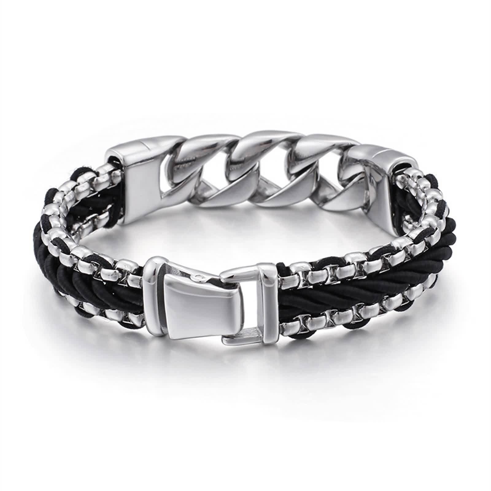 Pulsera para hombre, pulsera de eslabones cubanos de acero inoxidable, cuero negro, cadena trenzada de 15 mm, 21CM x 15MM, Cuero, No es una piedra preciosa