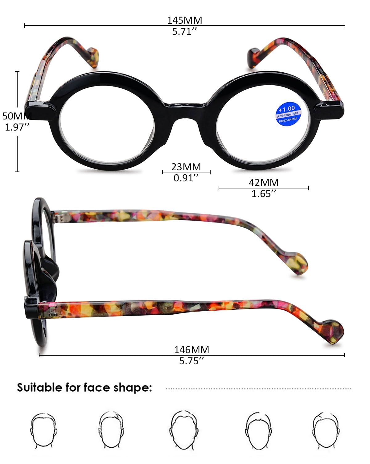 KOOSUFA Mode Anti Blaulicht Lesebrille Rund Klein Damen Herren Retro Bunt Lesehilfen Sehhilfe Anti Müdigkeit Brille 1.0 1.5 2.0 2.5 3.0 3.5 4.0