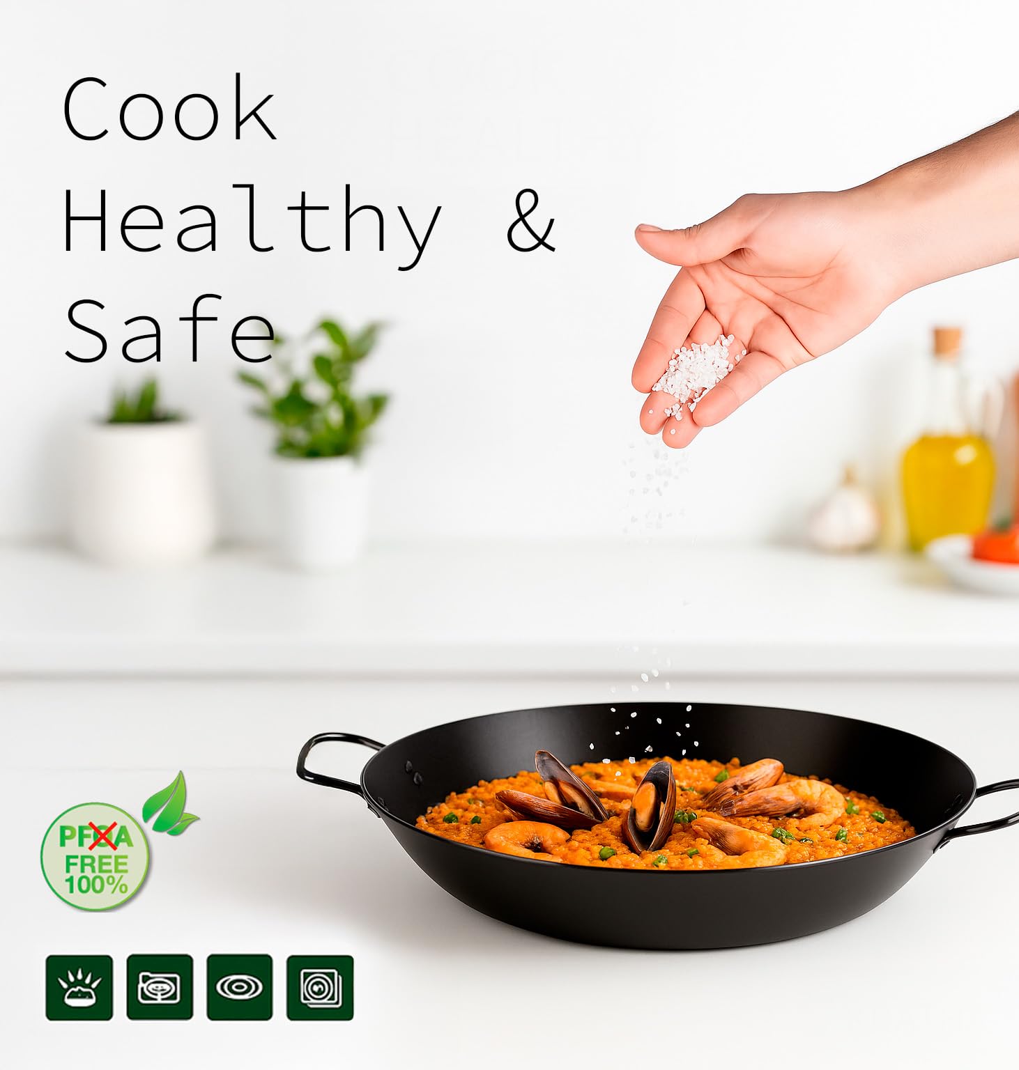 WECOOK! Kratha Padella per Paella a Induzione, 46cm, 12 Porzioni, Antiaderente XYLAN PLUS Ecologico senza PFOA, Alluminio Pressato, 3mm di Spessore, Vitroceramica, Gas, Lavastoviglie