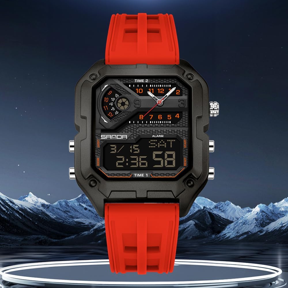 Mens Watch for Men Digital Sport Watch Rectangle Large-Dial Watches Waterproof Watches with Alarms/Countdown/Stopwatch/Digital-Analog/Dual Time/Light/Military Multifunctional Wrist Watch