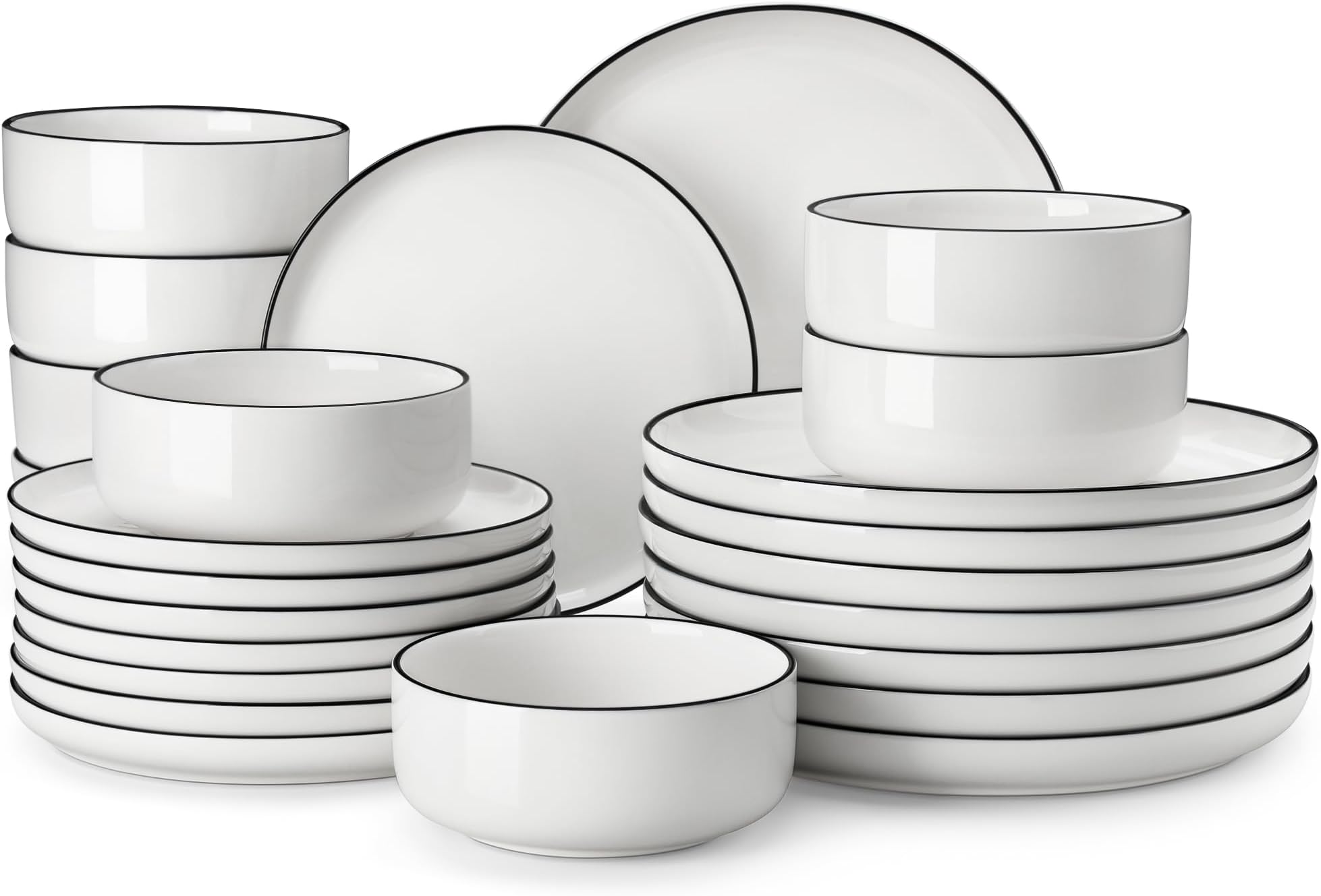 MALACASA 24 Pieces Modern Porcelain Dinner Sets for 8 People, Ivory White Plates and Bowls Sets with Black Rim, Kitchen Crockery Set Ceramic Dinnerware Sets, Microwave Dishwasher Safe, Series Luna
