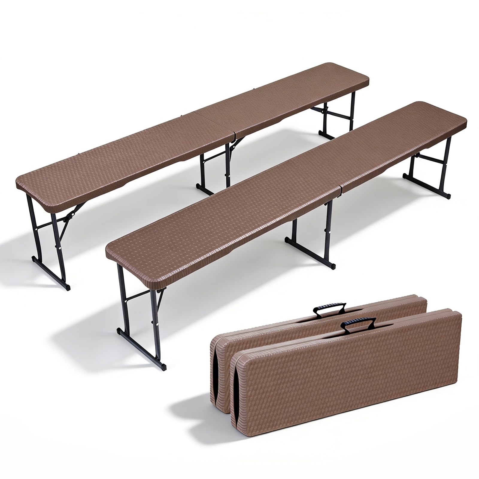 Banc Pliable 180x28x43 cm, Lot de 2, Banc Jardin Pliable en HDPE avec Effet Tressé, 4 Verrous de Sécurité, Capacité de Charge 300 kg, Banc Extérieur pour Balcon Terrasse Camping