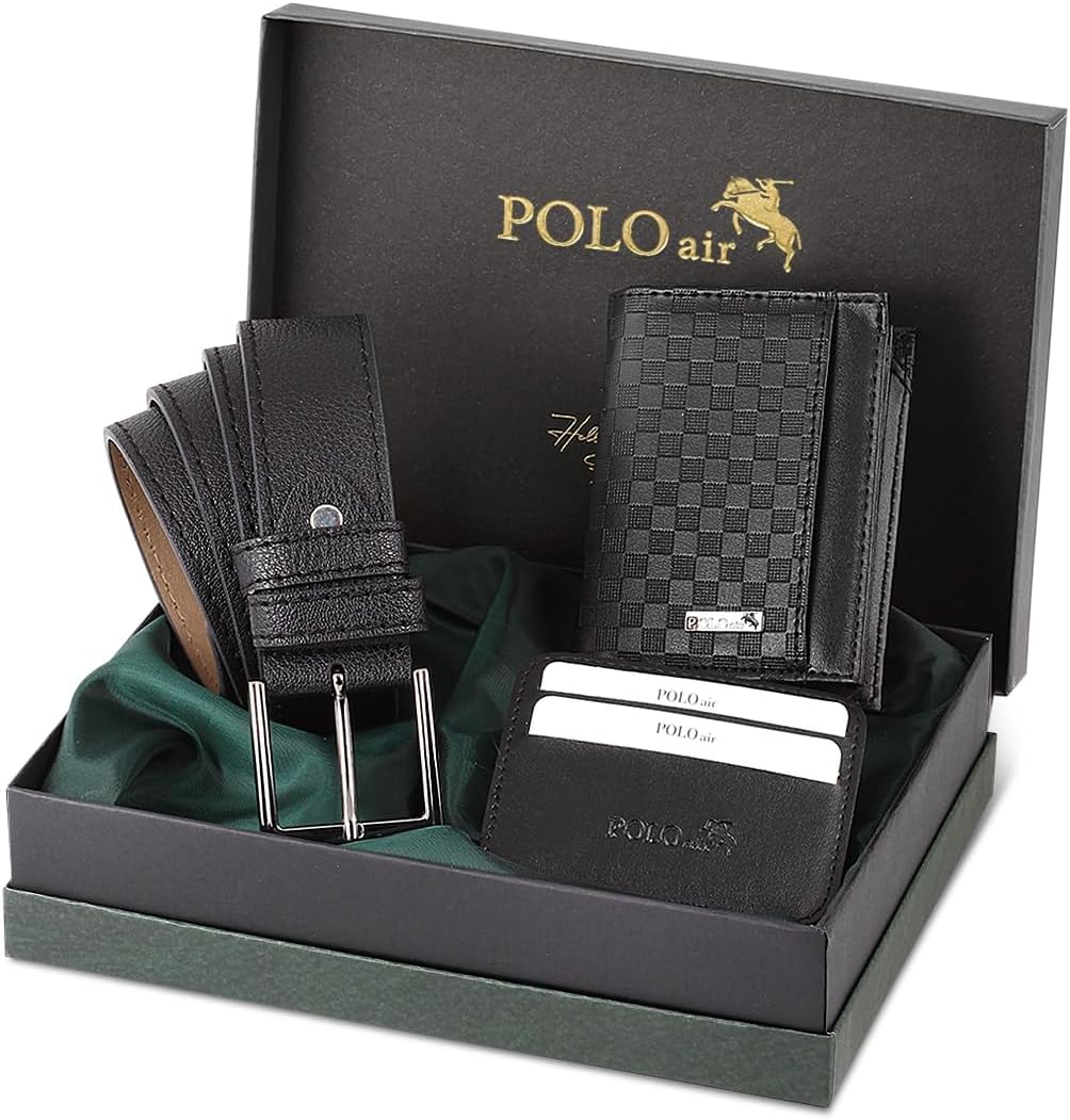 Polo Air Erkek Cüzdan Kemer Kartlık Seti, Siyah, Dama Desenli