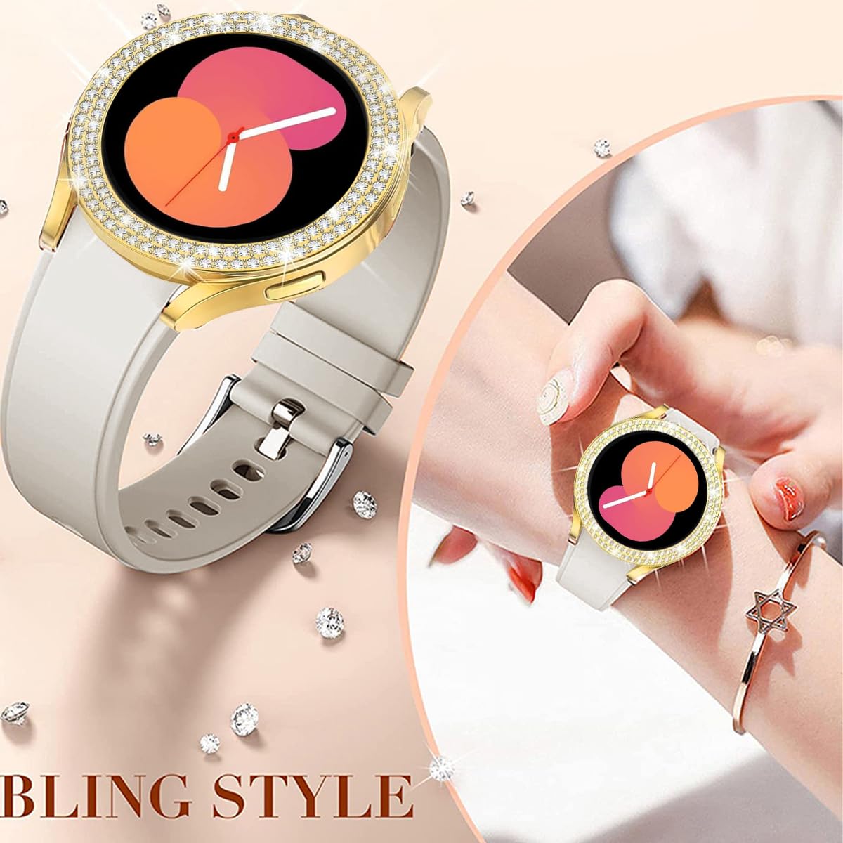 DEALELE [2-PACK] Case Compatible with Samsung Galaxy Watch FE / 5/4 40mm, Bling Double-row Diamond PC Protective Case Protector Cover, 40mm, Gold + Transparent — view 4