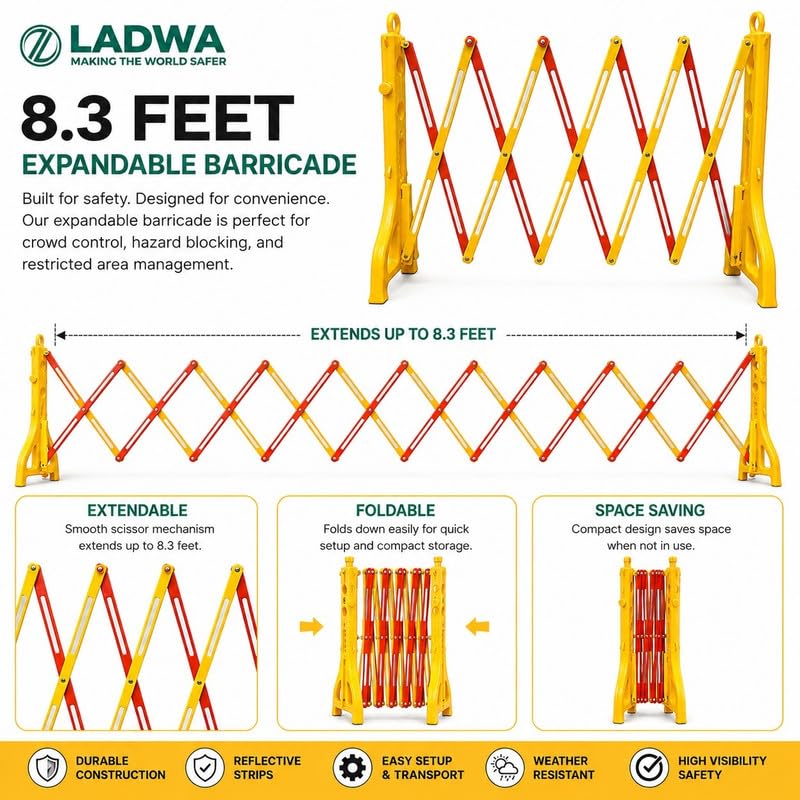 Image of LADWA 8.3 Feet Extendable Foldable Expandable Barricade, 12 Inch Wide Portable Safety Barrier for Indoor & Outdoor Traffic Control, Parking Areas and Compact Space Saving Storage (Pack of 1)