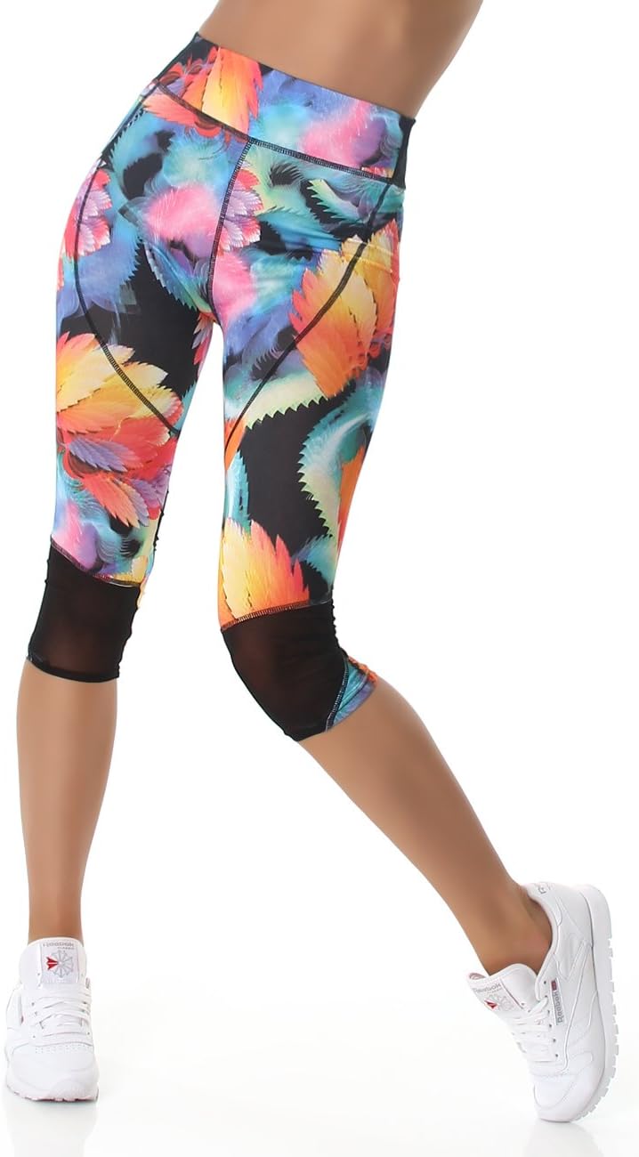 Sport Leggings Women's Capri Running Pants (knee 3/4 length, high-waist / high waist) Sport pants Jogging Leggings Summer trousers colorful patterned (M-L, Color leafs)