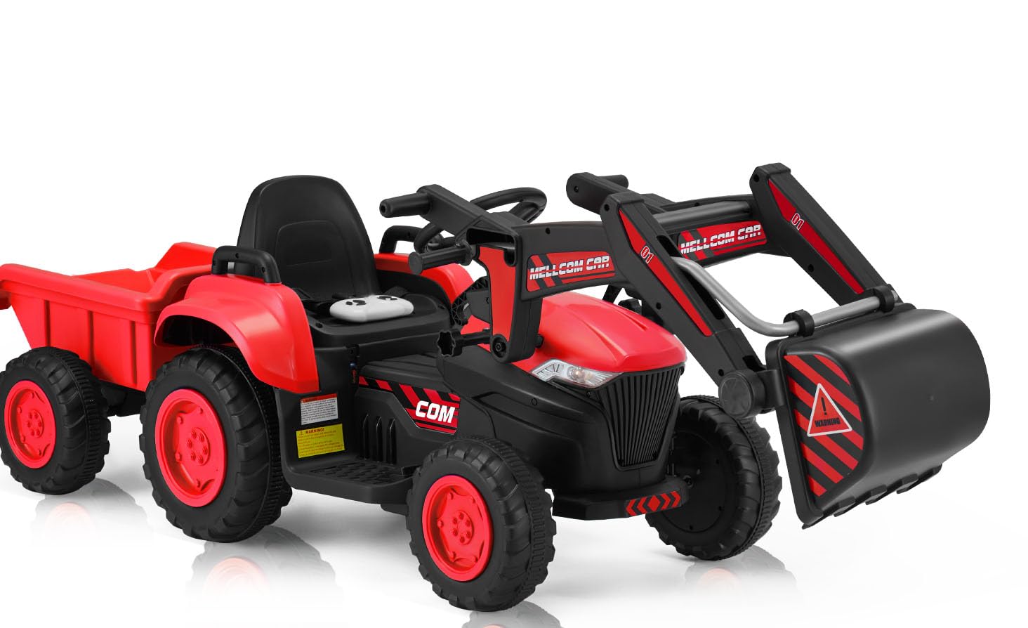 MELLCOMRide on Excavator, 12V Battery Powered Bulldozer Ride on Construction Vehicles with Trailer, Kids Car with Parent Remote, Ride on Toys with Digger, Horn, Lights, Music Player, Safety Belt, Red