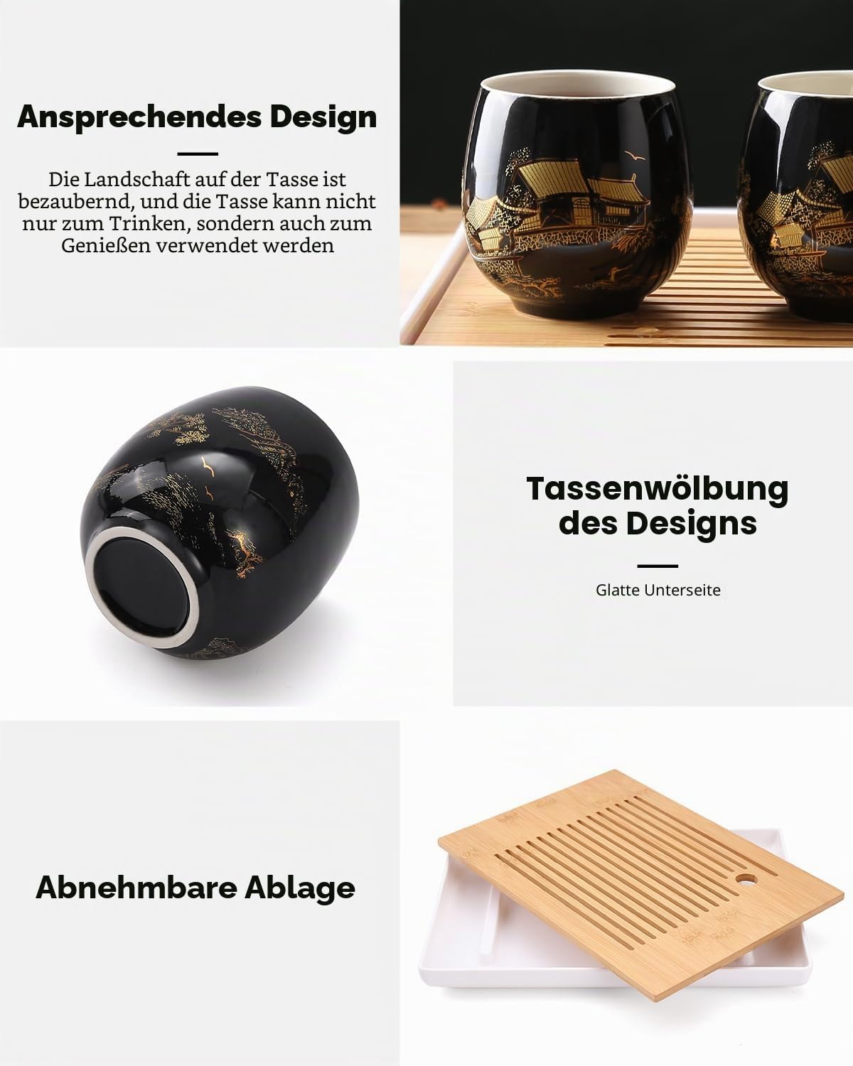 DUJUST Japanisches Teeservice, Schwarzes Porzellan Chinesisches Teeset mit Kanne und Tassen, Schönes Asiatische Teekanne Set für Teeliebhaber (Landschaft in Gold)