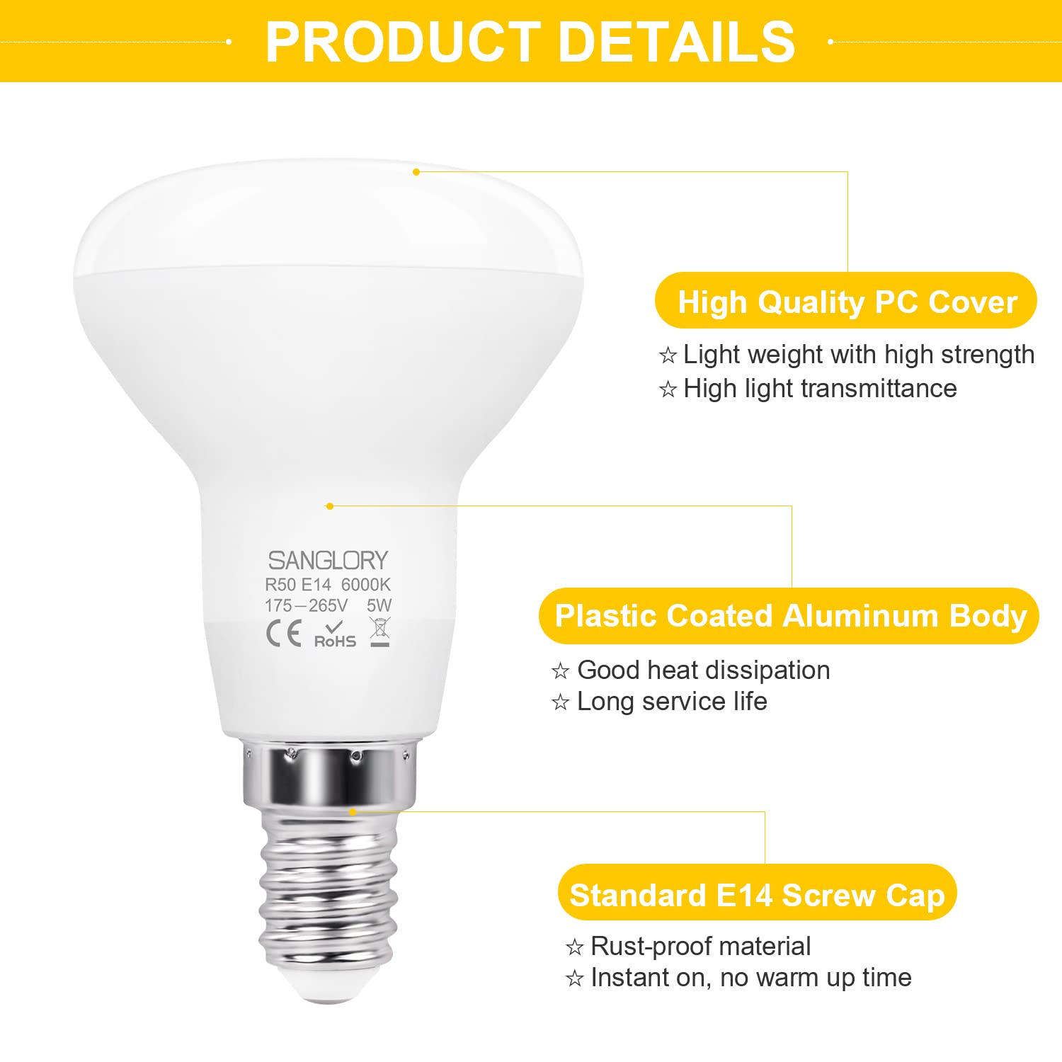 SanGlory Lampadine LED E14 R50 Riflettore, E14 LED 6000K Bianca Fredda, 5 Watt Equivalente a Alogena 40W, 510LM, 120 Gradi di Luce, Lampade Faretti LED R50 Non-dimmerabile, Confezione da 2