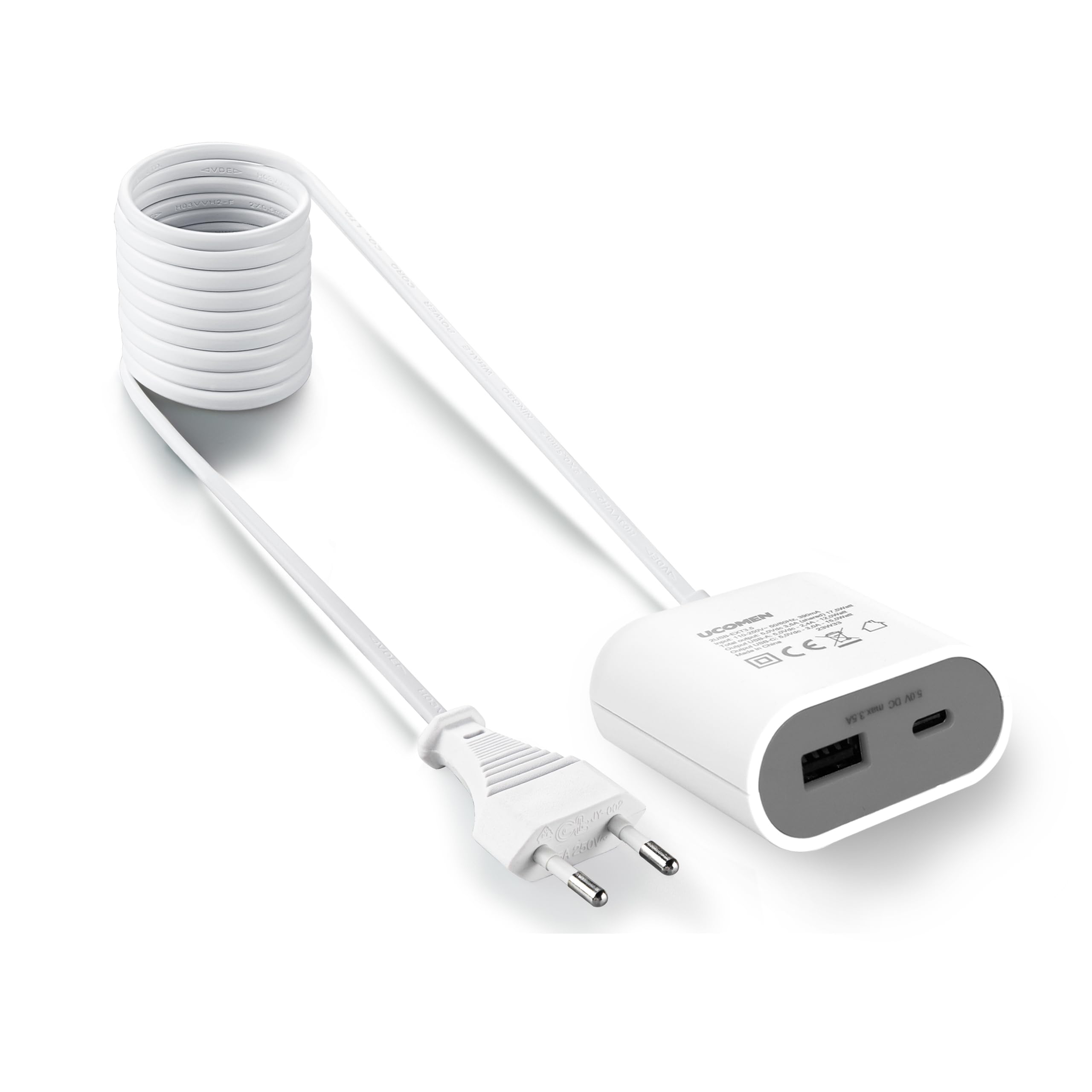 UCOMEN USB C Ladegerät mit 1,5m Verlängerungskabel, mit einem USB A und einem USB C,3.5A, grau 1 Pack
