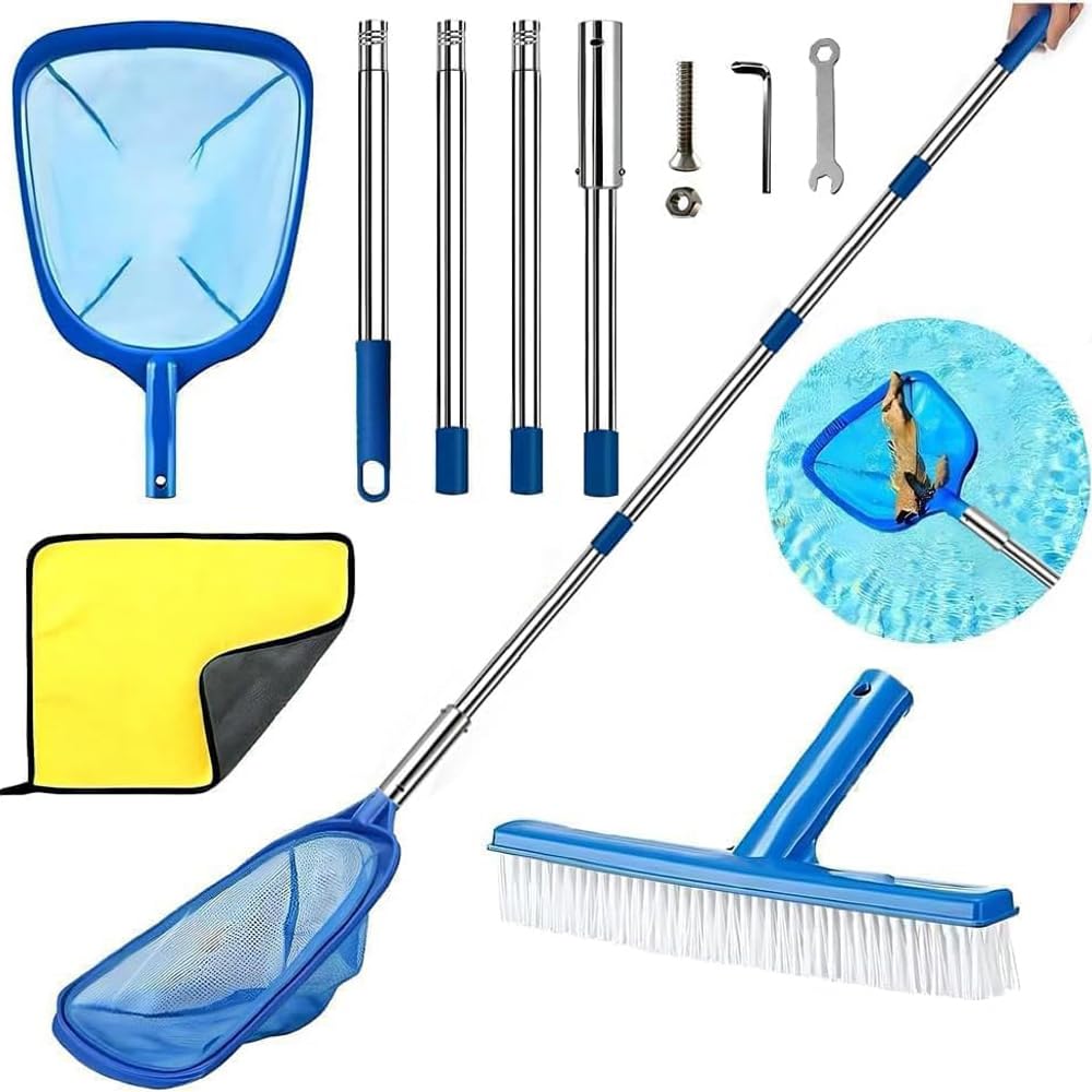 TUIBEIDAMAI Pool Kescher mit Teleskopstange, Teichkescher Feinmaschig, Laubkescher Pool mit Poolbürste, Bodenkescher Pool, Pool Reinigungsset, für Schwimmbad, Spas, Teich, Whirlpools, Planschbecken