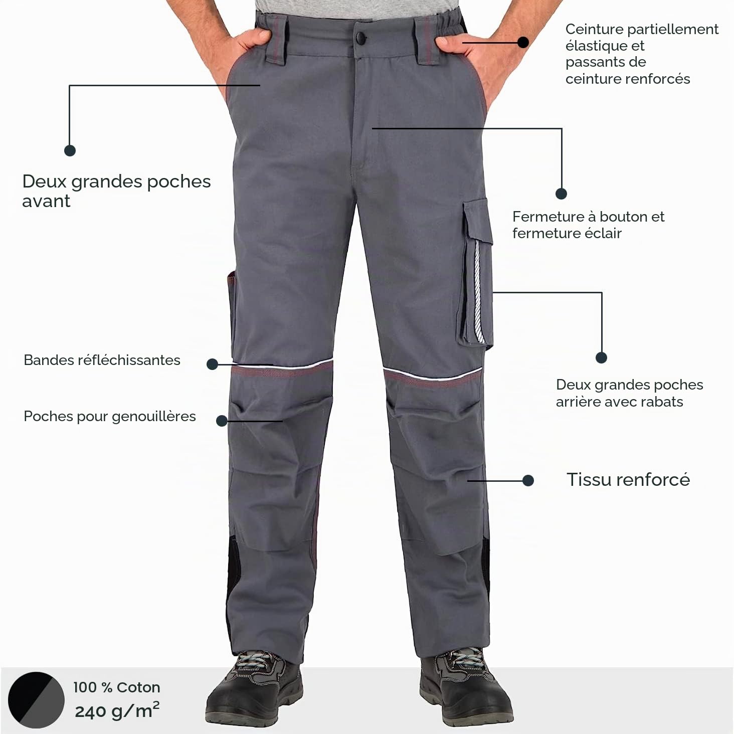 BWOLF Raptor 100% Coton Pantalon de Travail Coton pour Homme Pantalon de Travail Homme avec Poches multifonctionnelles, Poches genouillères, Bandes réfléchissantes