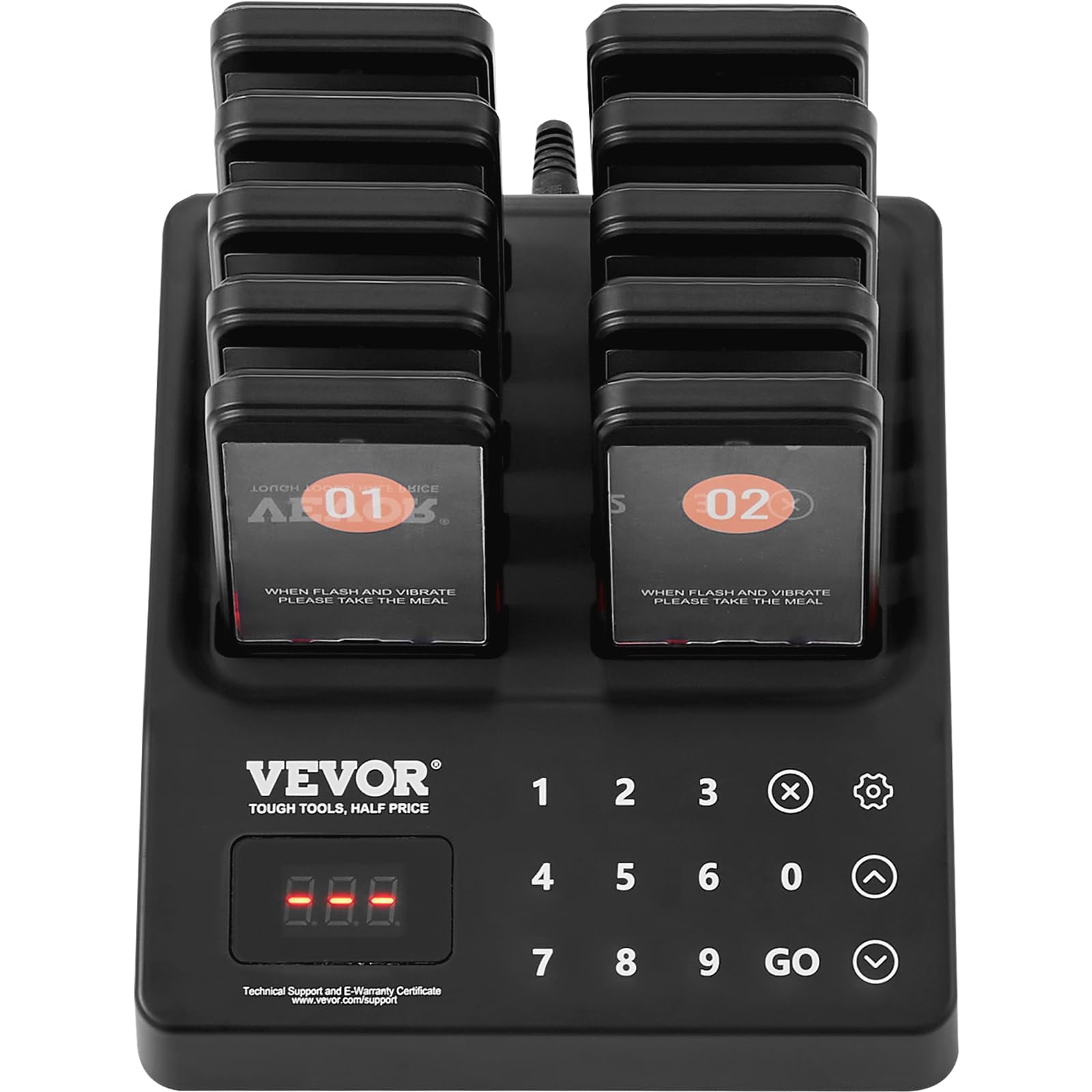 VEVOR Sistema de Buscapersonas para Restaurante Señal de Cola Inalámbrica Alcance de 400 m Pitido de Llamada de Cliente con Vibración e Intermitente 10 Zumbadores para Hospital, Cafeterías, Tiendas