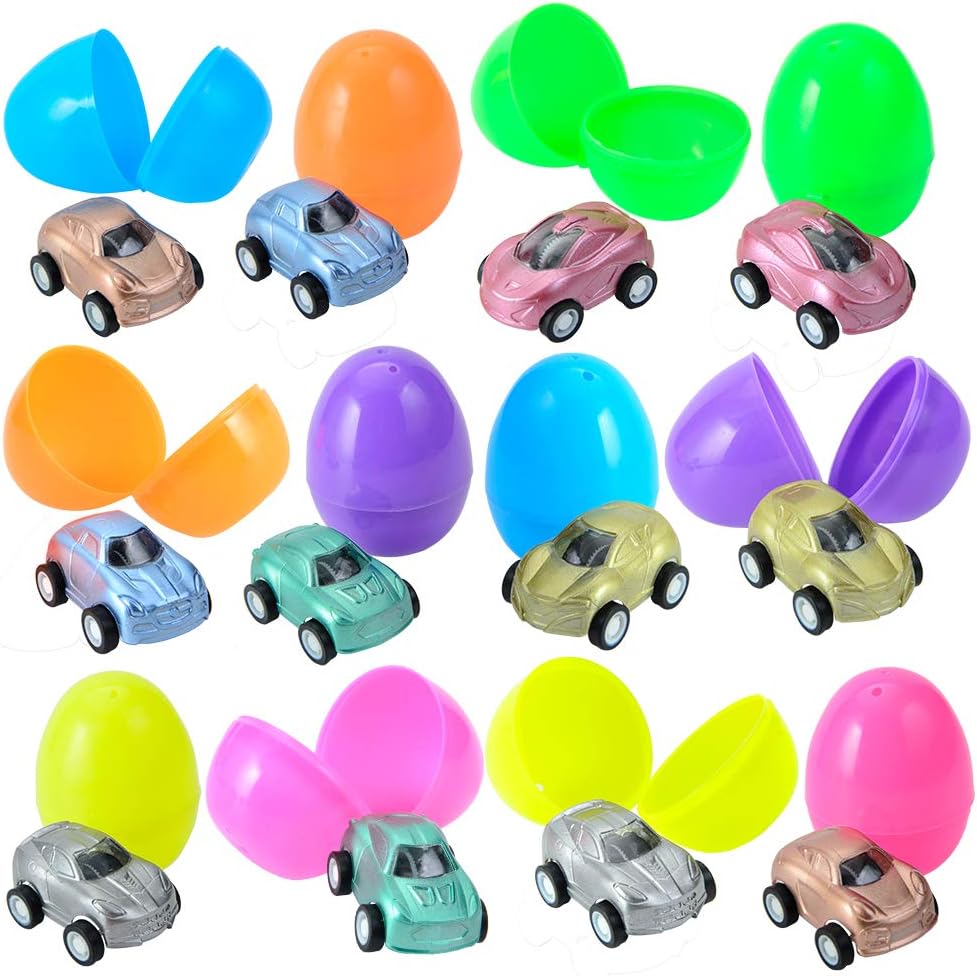 JOYIN 12 Pcs Easter Eggs Filled with Car Toys, Bright Colorful Prefilled Easter Eggs with Mini Pull Back Vehicles for Kids Boys Basket Easter Stuffers, Party Favors and Easter Eggs Hunt