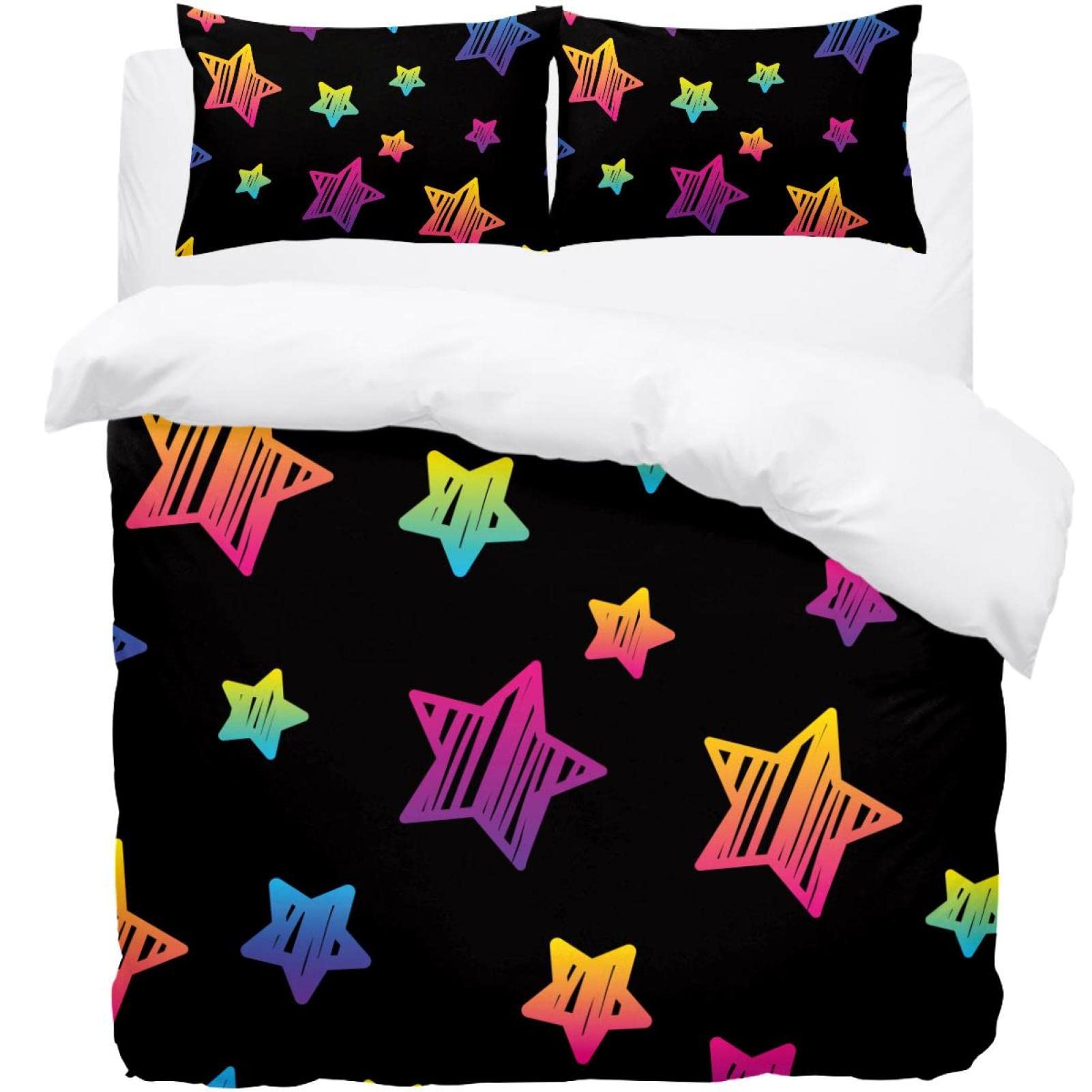 Housse de couette étoiles dessinées main avec 2 taies multicolores