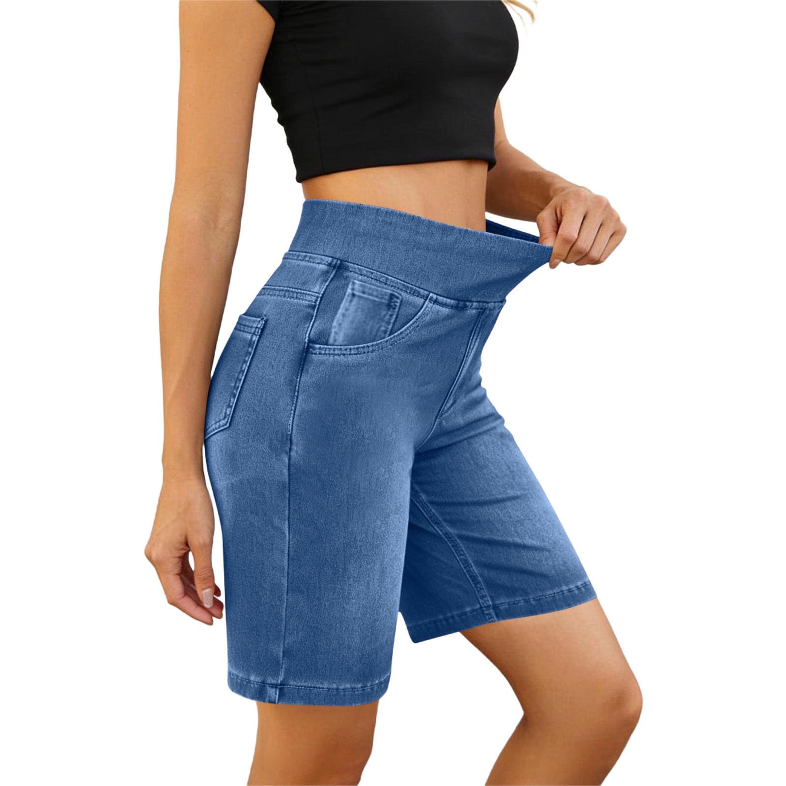 Short Femme Jeans Chic Mode Hot Pants Décontracté Élastique Taille Short Jean Femme D'été Amincissant Bermuda Baggy Taille Haute Vêtements Couleur Unie Pantalon Court avec Poches Tailles S à XXL