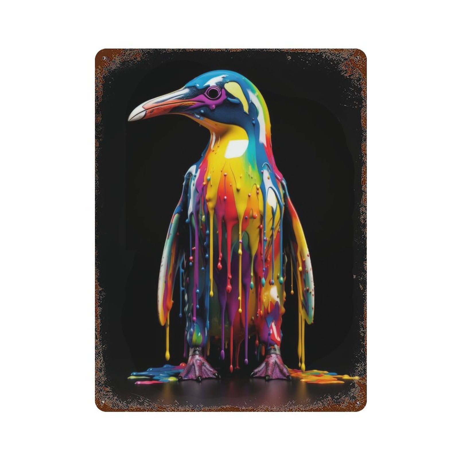 Rainbow Penguin 15.7"x11.8" Aged Metal Wall Plaque, Retro Wall Decor for Farmhouse, Kitchen And Entryway Decor