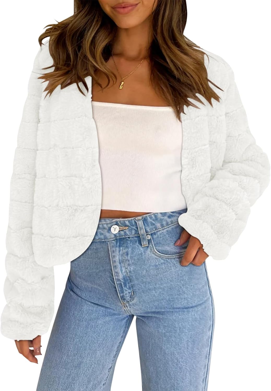 Women's 2025 Faux Fur Coats Fleece Cropped Jacket Long Sleeve Shaggy Warm Outerwear...