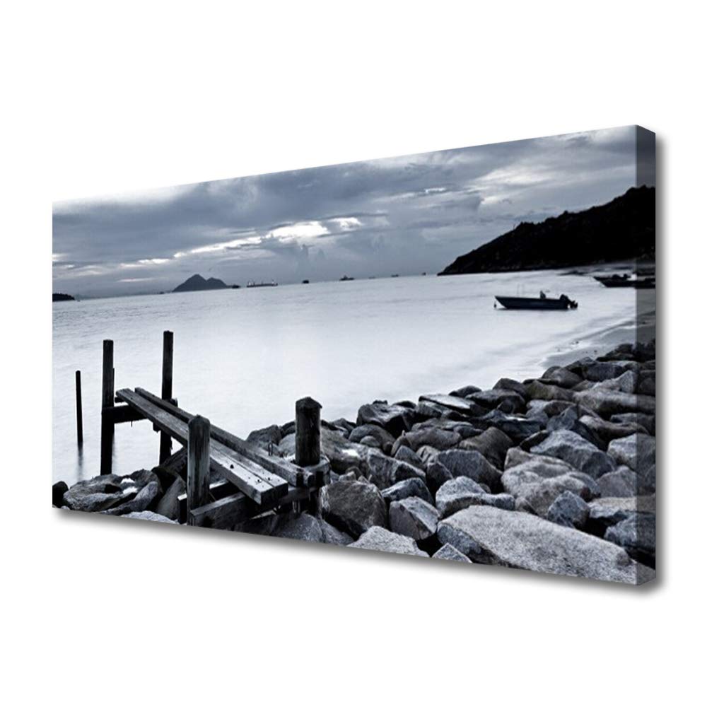 Toile imprimée paysage mer et plage de galets 100x50 cm pour tableau déco mural moderne
