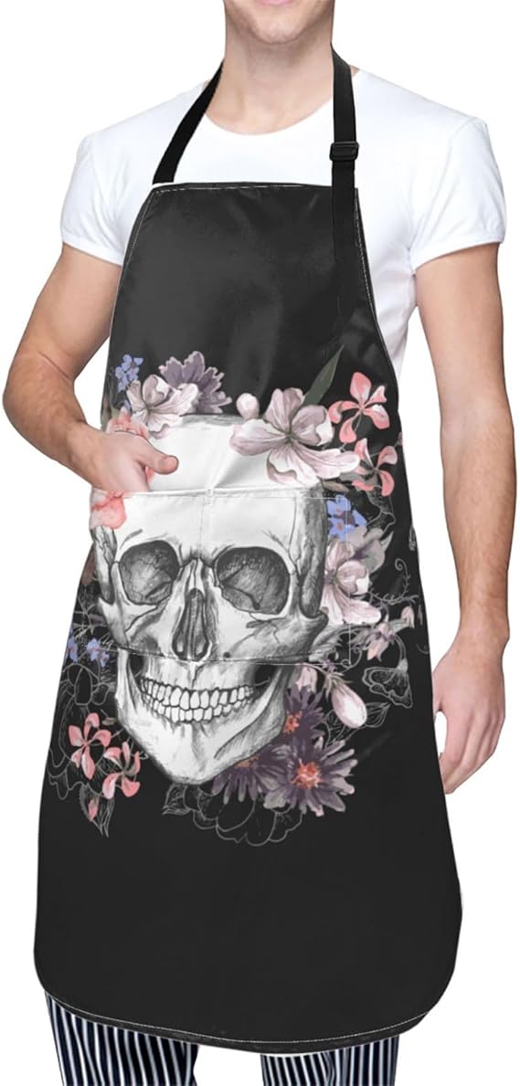 Sugar Skull Flower Bib Apron with 2 Pockets for Men Women - Adjustable Chef Apron for Kitchen Cooking BBQ Gardening