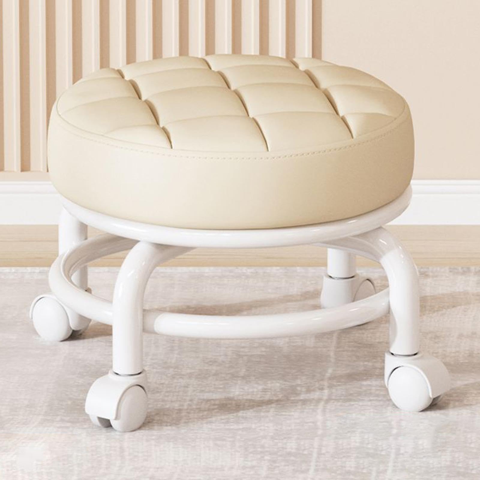 Taburete de rodillos giratorio de 360 ° Taburete para tareas domésticas perezosas Taburete de bajo ruido para niños Poleas pequeñas Taburete Ruedas giratorias, beige