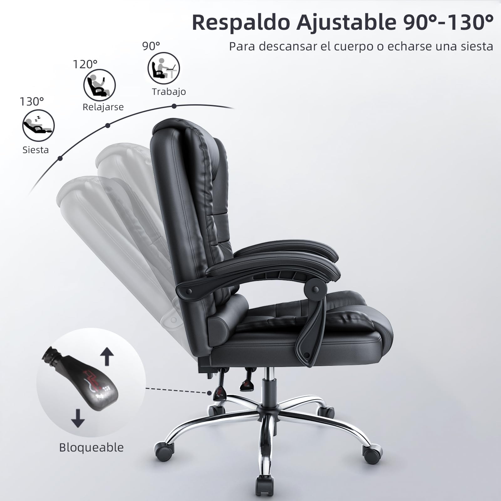 rattantree Silla de Oficina Ergonómica, Silla Giratoria de Cuero PU, Negro | Silla de Escritorio con Reposabrazos Acolchado, Función de Inclinación, Ajustable en Altura, Silla Ejecutiva con Ruedas