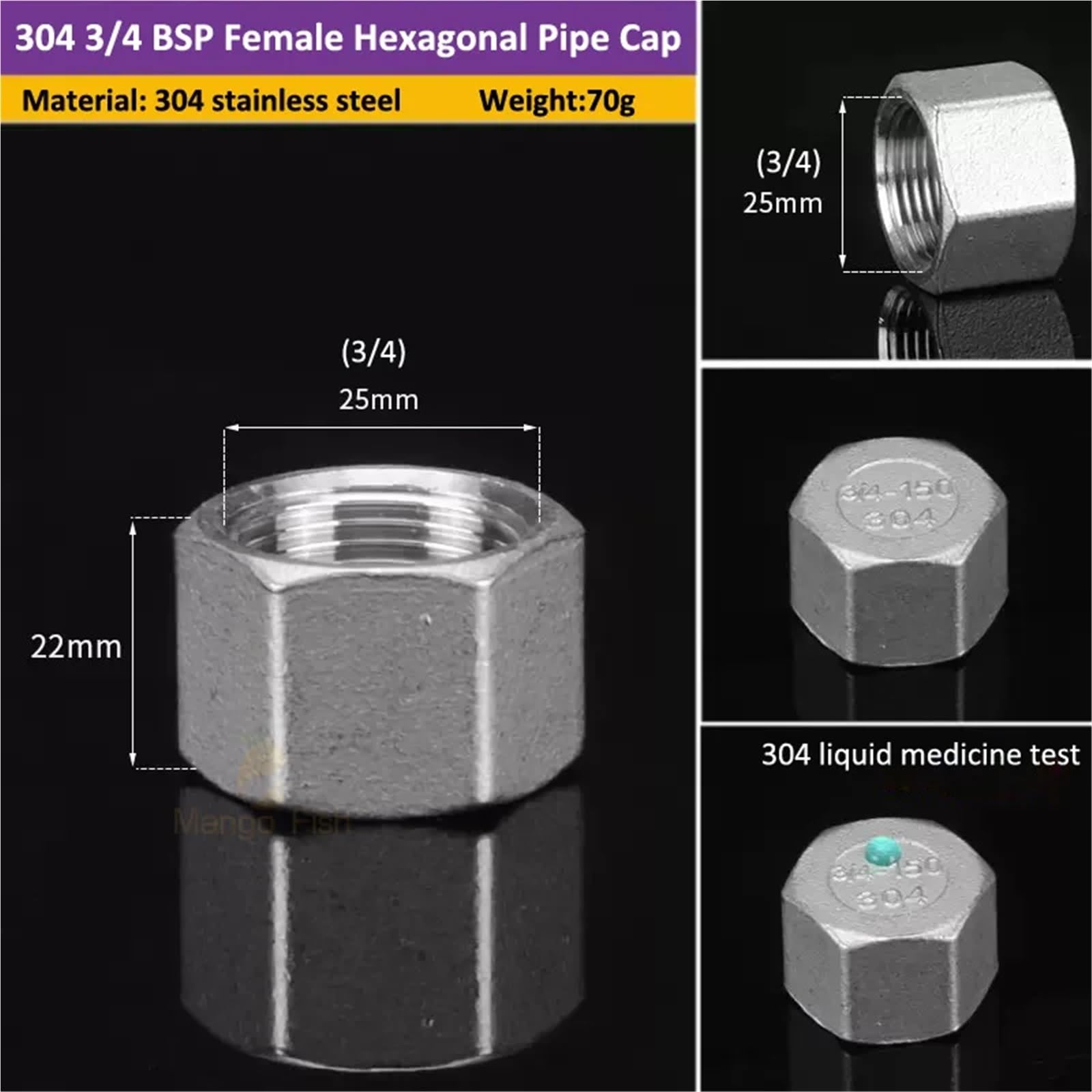 1/5/10 PCS 304 Stainless Steel Inner Silk Tube Cap/Head/Tube Pipe Fittings 1/8" 1/4" 3/8" 1/2" 3/4" Hexagonal Female Thread(304 Female Cap 3l4,10 PCS) Brass Hose