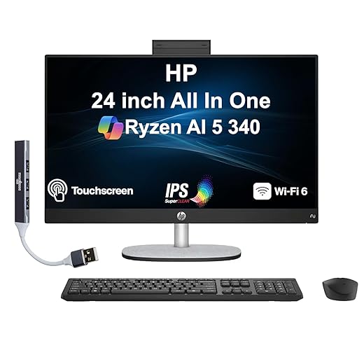 HP 24 Copilot + All-in-One 23.8" Touchscreen IPS FHD Display (AMD Ryzen AI 5 340, 16GB DDR5, 1TB PCIe SSD, AMD Radeon 840M, WiFi 6, Webcam, Bluetooth 5.4, Win 11 Pro) w/DKZ USB Port Expander