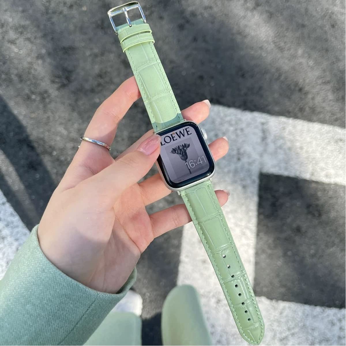 MUENShop Compatible with Apple Watch Strap Leather 42mm/44mm/45mm Light Green Wristband Replacement for iWatch - Image 3