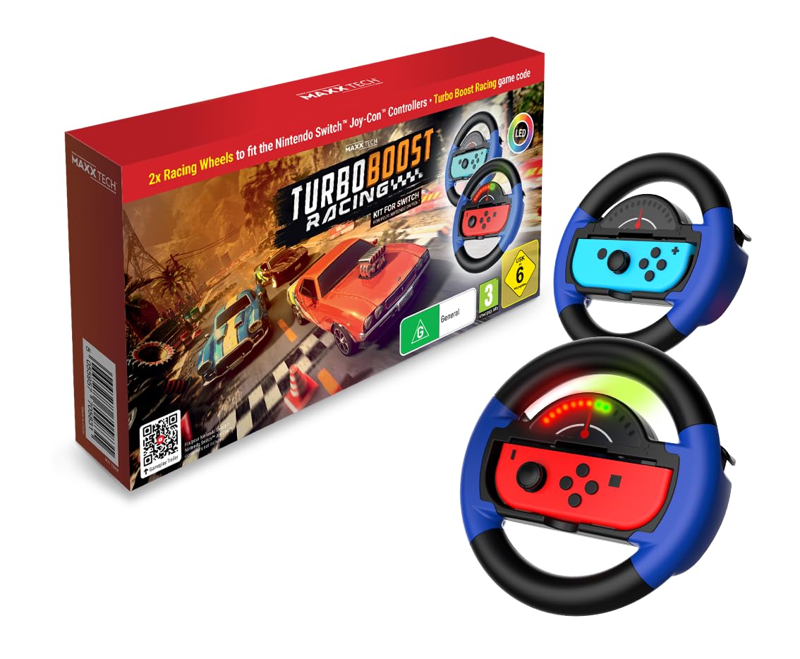 Maxx Tech Turbo Boost Racing Kit for Switch - Includes: Turbo Boost Racing downloadable code in box; 2x Turbo LED Racing Wheels