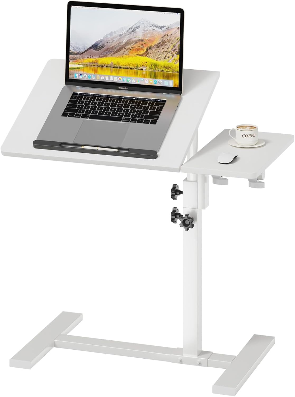 Height Adjustable C-Shaped Table with Removable Wheels, Mobile Sofa Snack Table with Tiltable Top, Adjustable Laptop Stand for Couch, Bedside Desk with Pen Slot, White