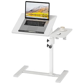 Height Adjustable C-Shaped Table with Removable Wheels, Mobile Sofa Snack Table with Tiltable Top, Adjustable Laptop Stand for Couch, Bedside Desk with Pen Slot, White - Amazon product rated Grade A