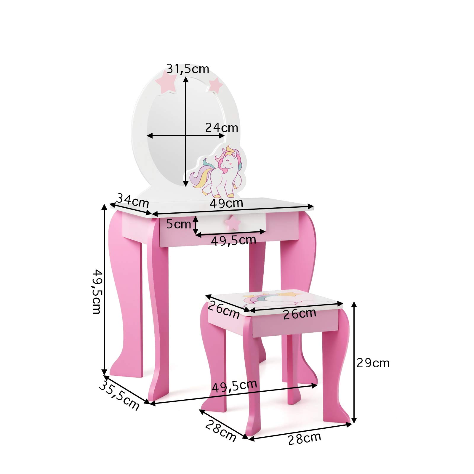 GIANTEX Set di Specchiera e Sgabello per Bambini, Tavolo da Trucco Giocattolo in Legno con Cassetto, Ideale Regalo per Ragazze di 3-7 Anni, con Portata di 15kg, 49x35,5x89cm (Rosa)