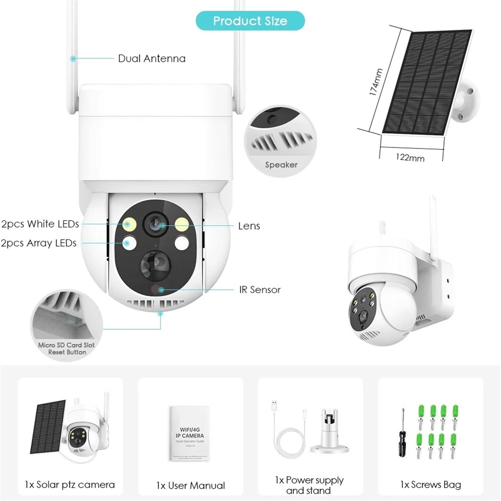 Caméra de sécurité, Caméra Solaire HD sans Fil caméra IP PTZ avec Panneau et Batterie Rechargeable de sécurité Surveillance vidéo CCTV 4MP(WiFi Cam 64G Card)