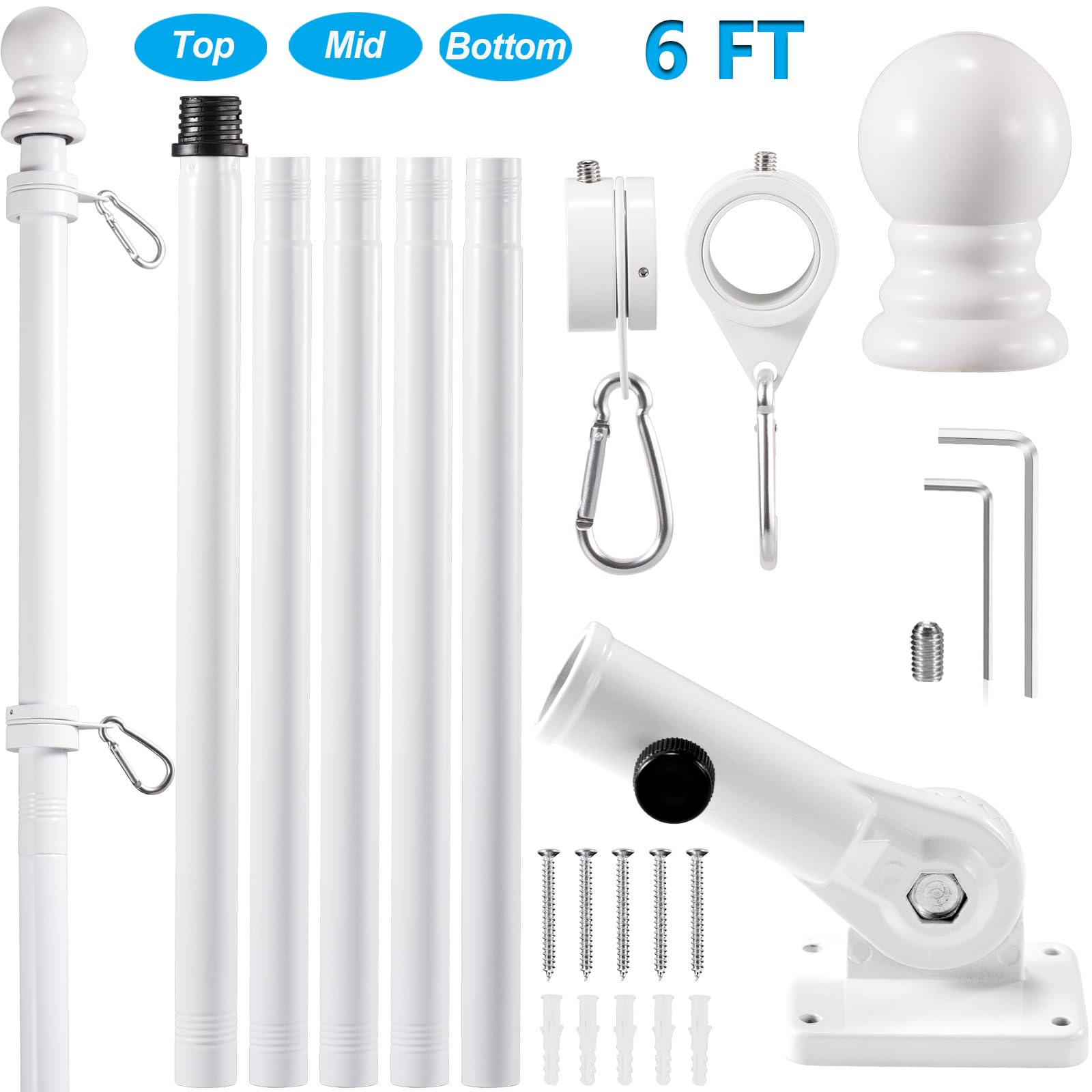 BONWIN White Flagpole Kits, 6 FT Thickened Stainless Steel House Porch Wall Flag Pole Kit for 3x5'/4x6' Flag, 1