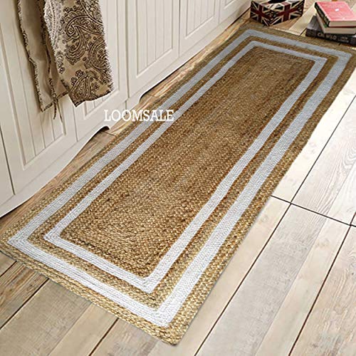 Image of Handmade Natural Jute Cotton Natural Fibers Floor /Door Mat Rugs Furnish Decor Striped Rectangular Design Carpet for Bedroom Living Room (JUTE0010, 2x5-Runner)