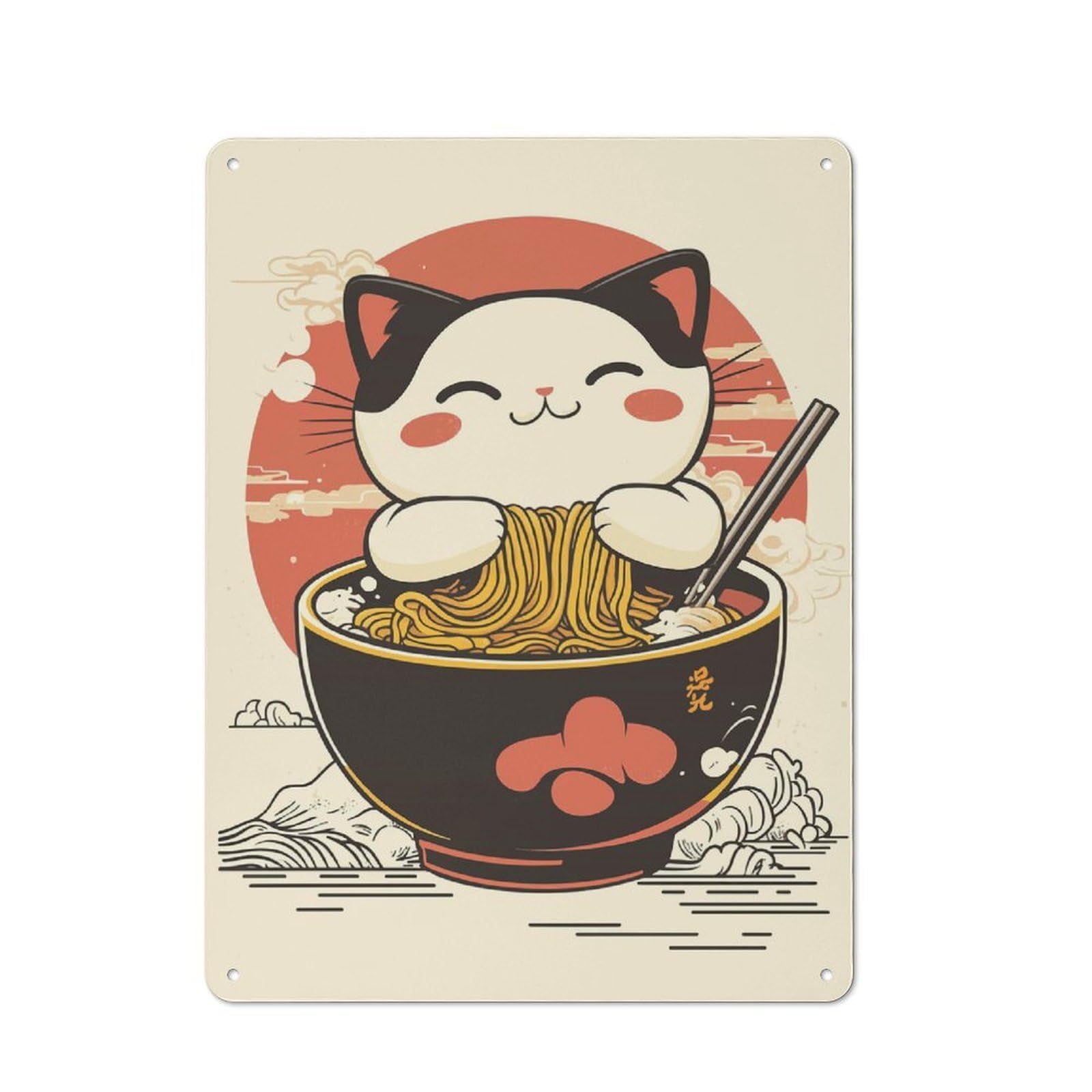 Cat Eating Ramen Decorative Tin Sign 40x30cm, Distressed Look Vintage Wall Decor for Lounge, Study, Pub Or Wall Gallery