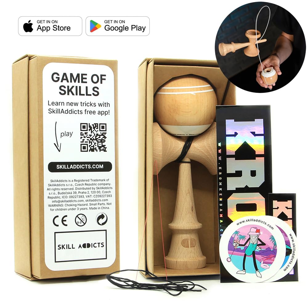 Kendama - drewno (do każdego poziomu umiejętności, łącznie z zestawem naklejek, zapasowym sznurkiem i aplikacją do nauki sztuczek)