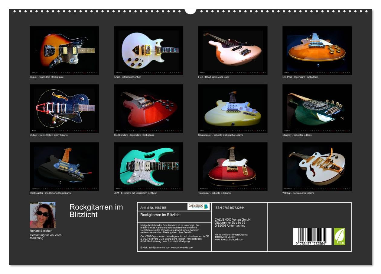 Rockgitarren im Blitzlicht (hochwertiger Premium Wandkalender 2026 DIN A2 quer), Kunstdruck in Hochglanz: Gitarrenschönheiten auf schwarzem Hintergrund eindrucksvoll in Szene gesetzt (CALVENDO Kunst)