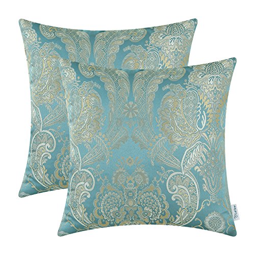 CaliTime Throw Pillow Covers Pack of 2 Supersoft Vintage Damask Floral Cushion Cases Shells for Couch Sofa Home Decor 18 X 18 Inches Teal