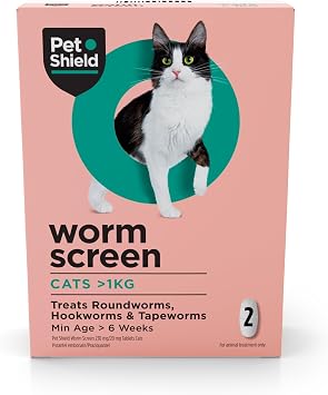 Worm Screen, Cat Worming Treatment - Vet Approved Dewormer for Cats & Kittens Over 6 Weeks / 1kg+ in Weight - Kills Roundworms, Hookworms & Tapeworms, 1 Dose Oral Treatment, 2 Tablets