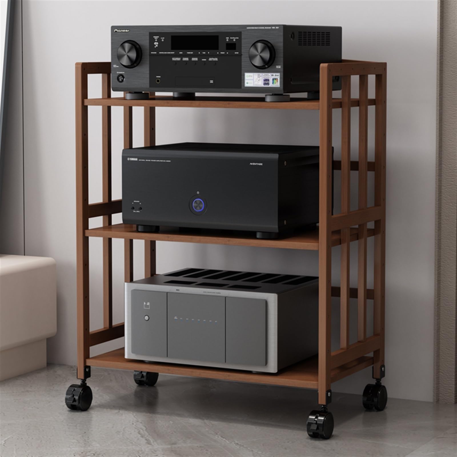 IEOWY 3-Tier Bamboo HiFi Rack AV Media Stand with Wheels Height-Adjustable Holder for Living Room & Theater Amplifier Shelf Vertical Corner Entertainment Center (L-55cm)
