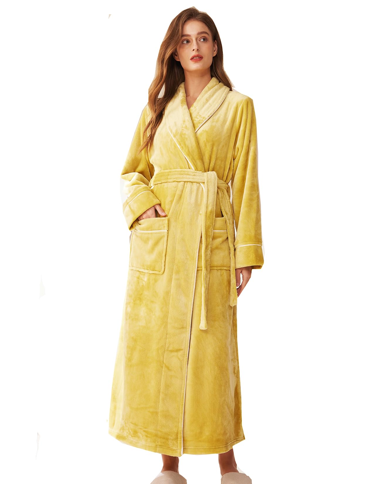 Albornoz de forro polar mullido para mujer, abrigo de casa de felpa para mujer, perfecto para descansar, bata larga, 01-amarillo, 40-44