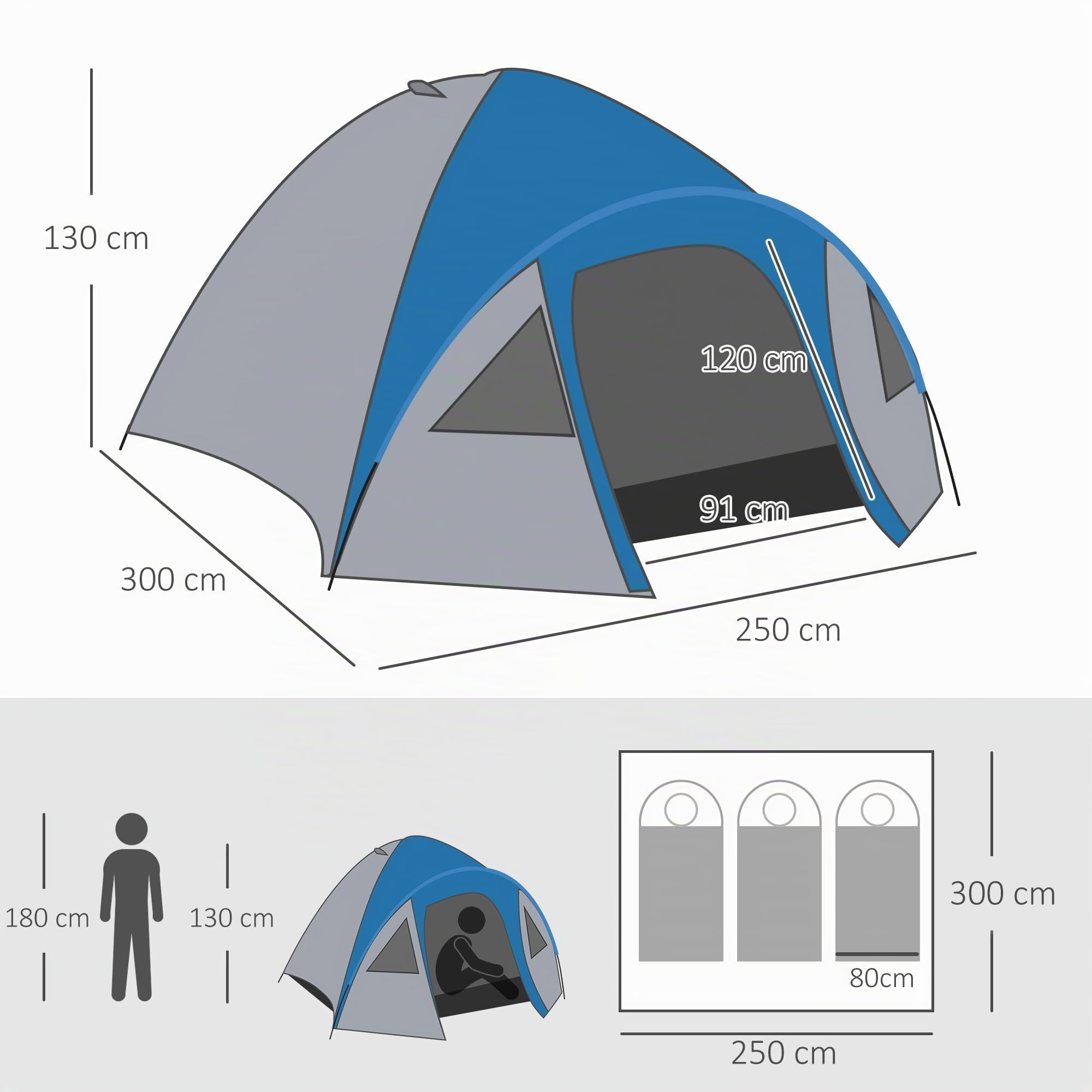 Outsunny Tente de Camping familiale 3 Personnes, légère, étanche, ventilée | Double porte et fenêtres, facile à installer, tente dôme en fibre de verre polyester 3L x 2,50l x 1,30H m, bleu marine
