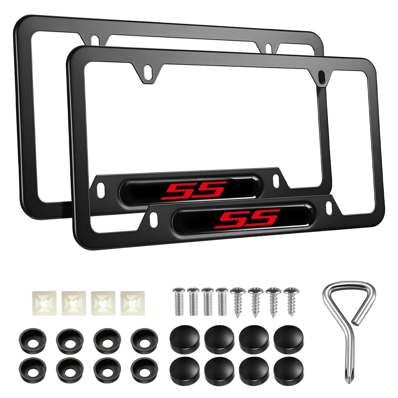 2PCS License Plate Frames Compatible with Chevy Camaro SS Cars, Universal Aluminum Alloy Car License Plate Holders with 4 Holes for SS Owners