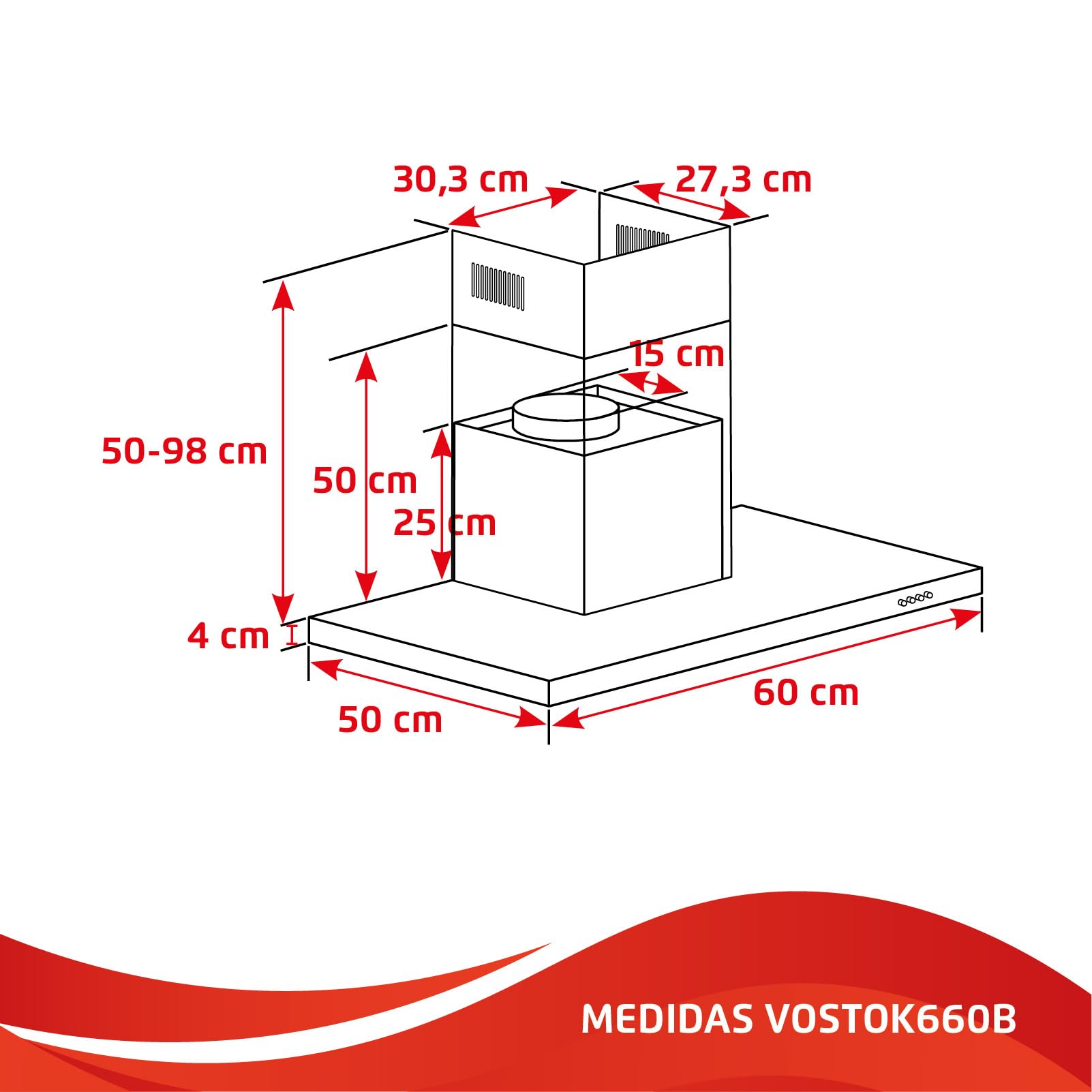 Corberó - Dekoracyjny dzwonek poziomy 60 cm | VOSTOK660B | 647,7 m3/h Przepływ | 165W | 3 prędkości | 2 filtry aluminiowe i węglowe | Efektywność energetyczna A, czarny