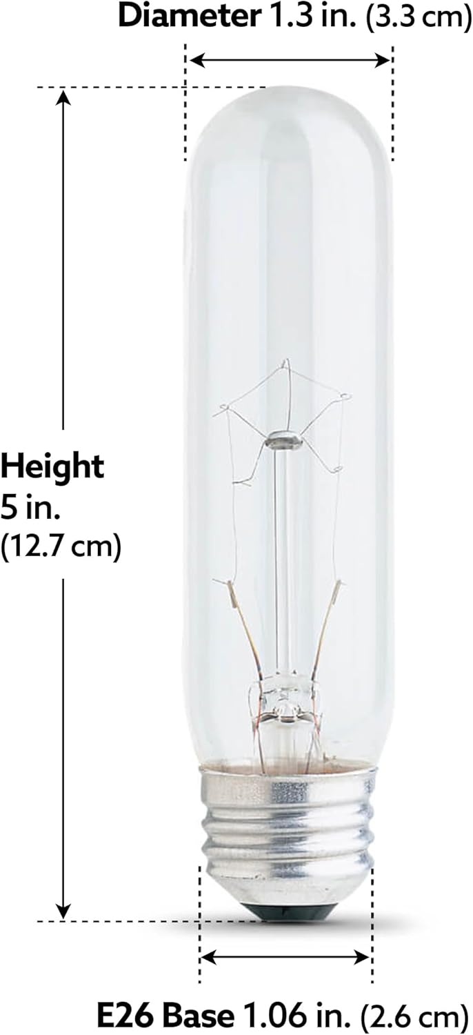 Feit Electric BP40T10/RP 40 Watt Clear T10 Dimmable Incandescent Appliance Light Bulb, 2500K Soft White, 5" H x 1.3" D