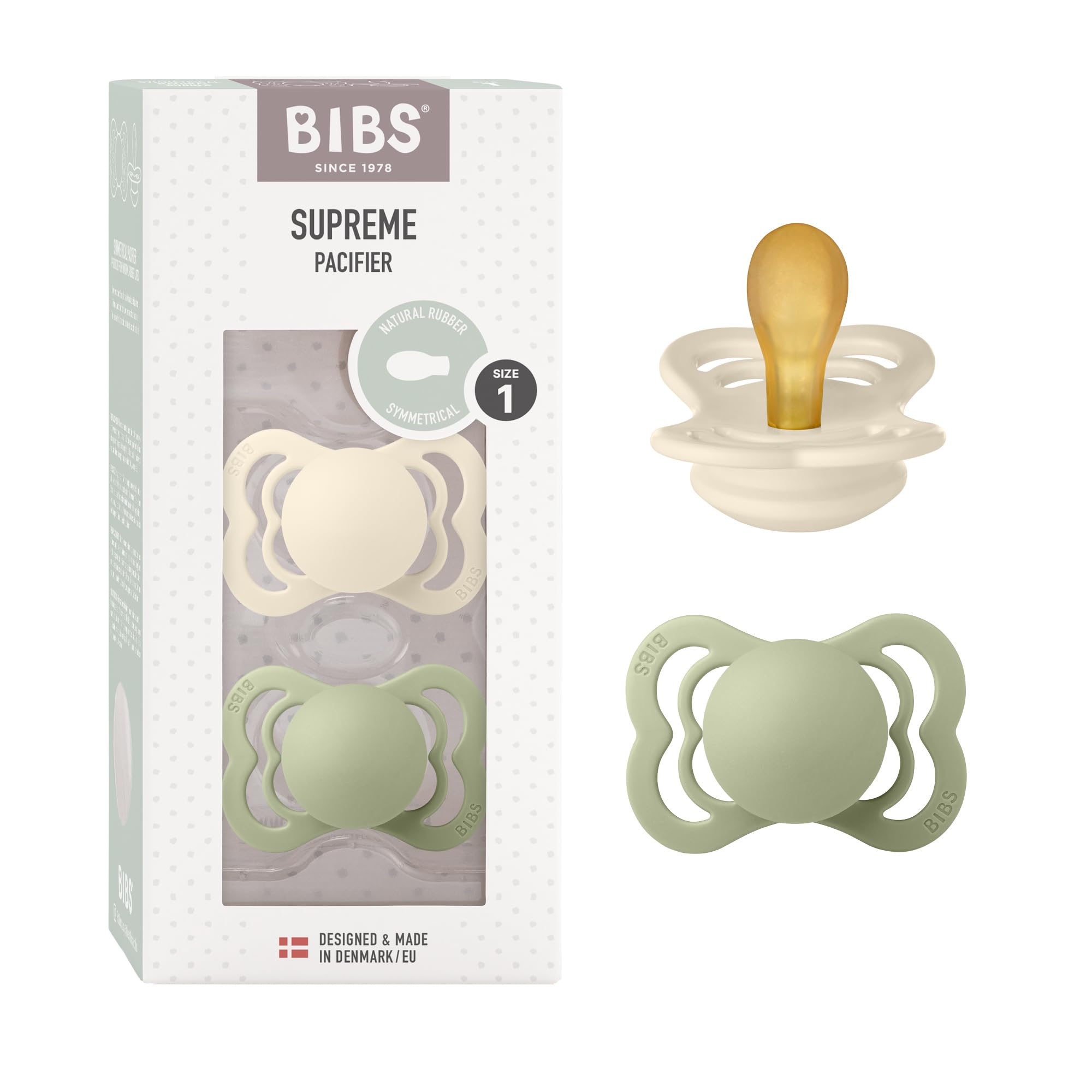 BIBS Supreme Schnuller 2er-Pack, BPA-frei, Symmetrischer Nippel. Naturkautschuk/Latex, Hergestellt in Dänemark. 0-6 Monate (2er Pack), Ivory/Sage - 2