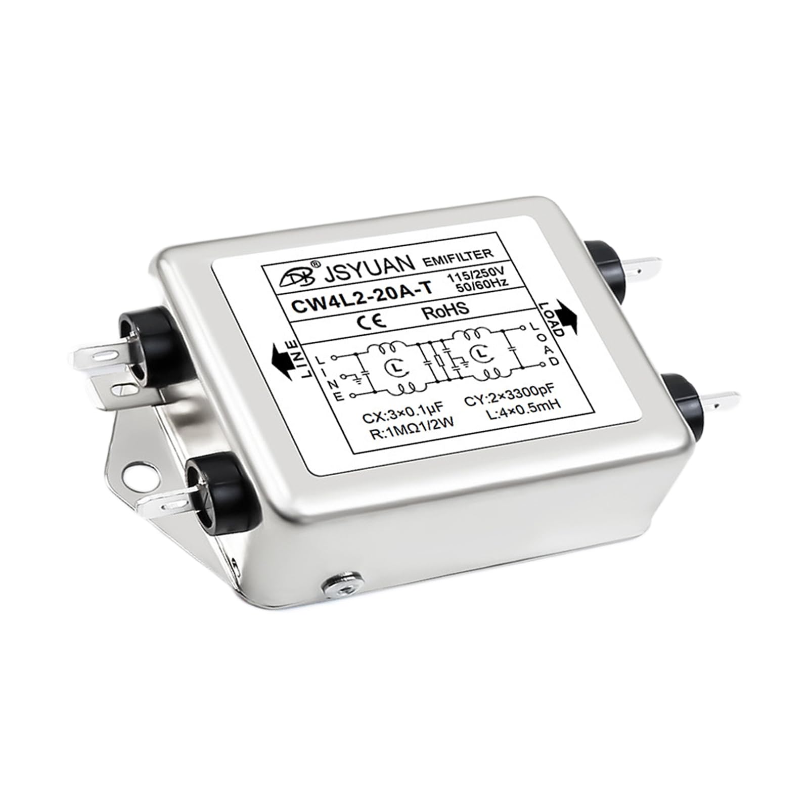 Filtro di rete EMI, filtro di potenza EMI, filtro di rete, filtro monofase, 115 V/250 V, 20 A, 50 / 60 Hz, filtro di alimentazione, CW4L2-20 A-T (A)
