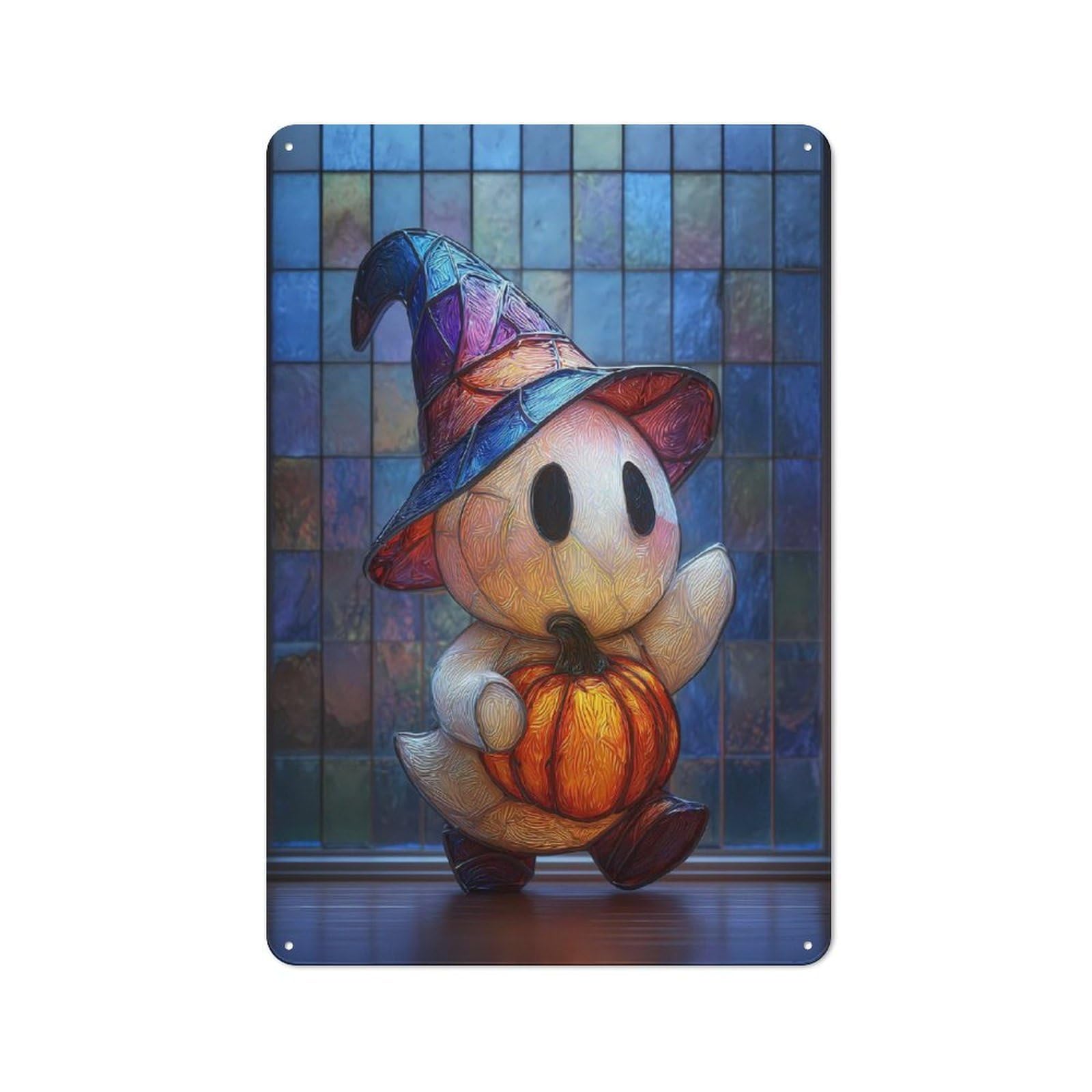 Junmoney Cute Ghost With Pumpkin And Witch Hat Metal Sign 30X20cm With For Pub Or Café, Retro Decor, For Cooler-Month Interiors With Retro Character